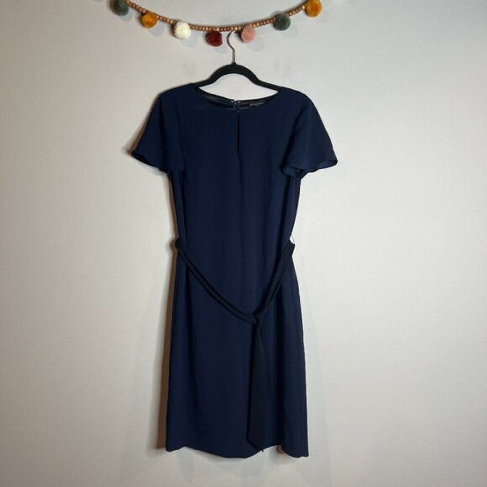 Brooks Brothers navy blue cap sleeve belted keyhole dress